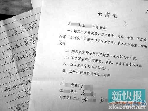 王某天婚前所寫的承諾書和婚后的保證書。王學敏/攝