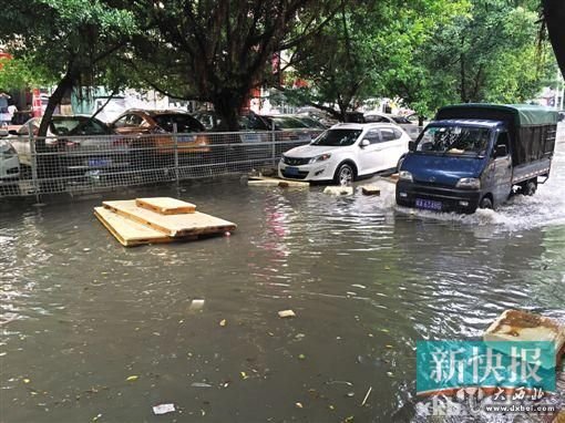 棠樂路水浸黑點(diǎn),垃圾漂在馬路中央。新快報記者 李辰曦 羅漢章/攝